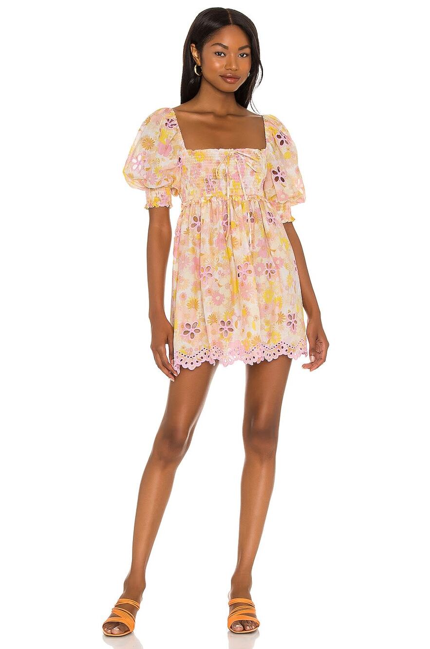 For Love & Lemons Yellow Floral Puff-Sleeve Smocked Babydoll Dress Size L